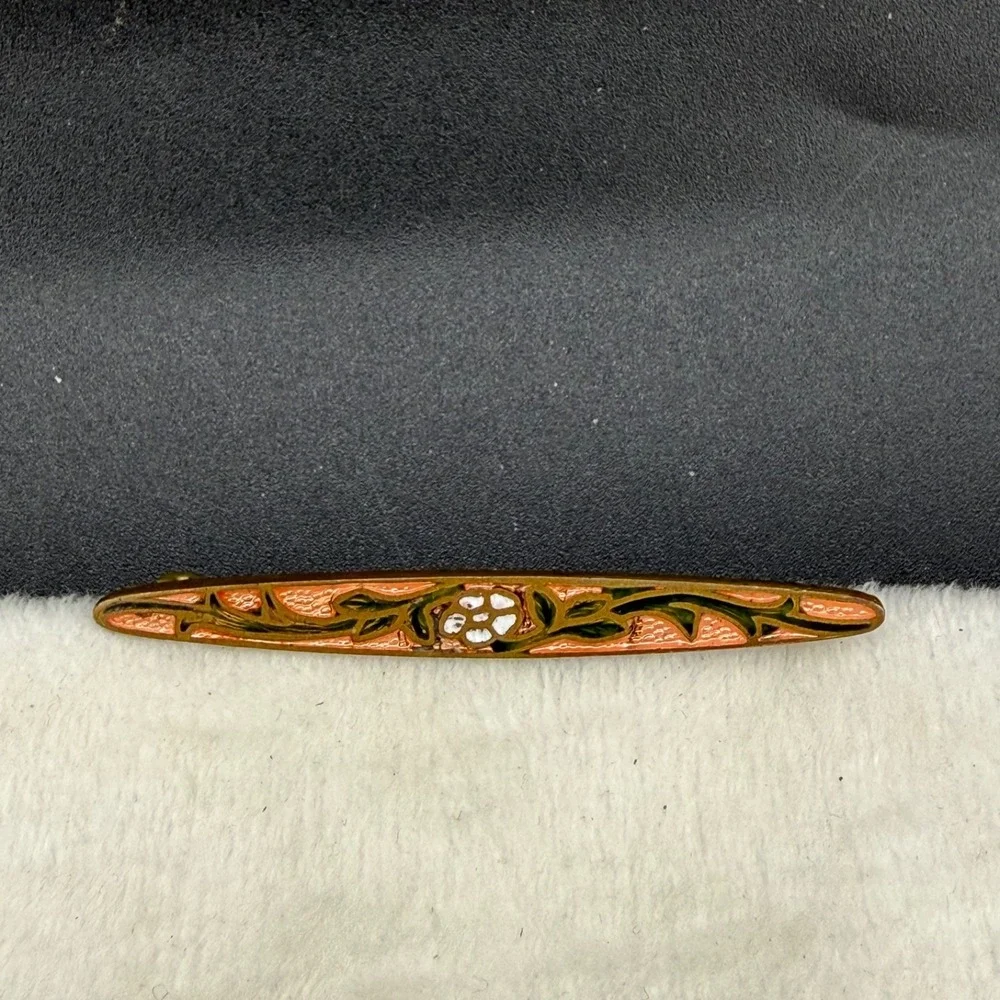 Vintage Enamel Bar Brooch Gold Tone‎ Flower
